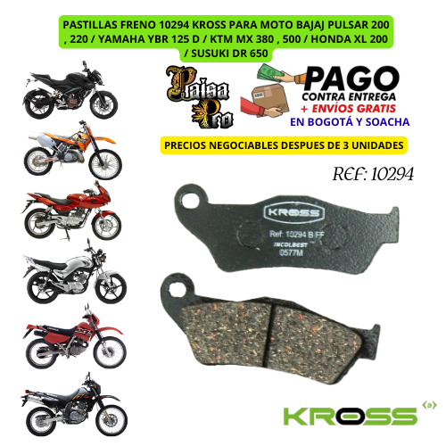 PASTILLAS FRENO 10294 KROSS PARA MOTO BAJAJ PULSAR 200 , 220 / YAMAHA YBR 125 D / KTM MX 380 , 500 / HONDA XL 200 / SUSUKI DR 650